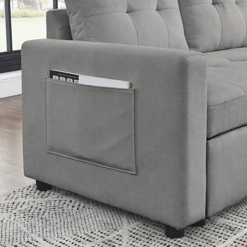 Canapé-lit sectionnel réversible beige de 78,5 pouces avec chaise longue de rangement et pochette latérale - 78,5 larg. x 49 prof. x 31 haut.