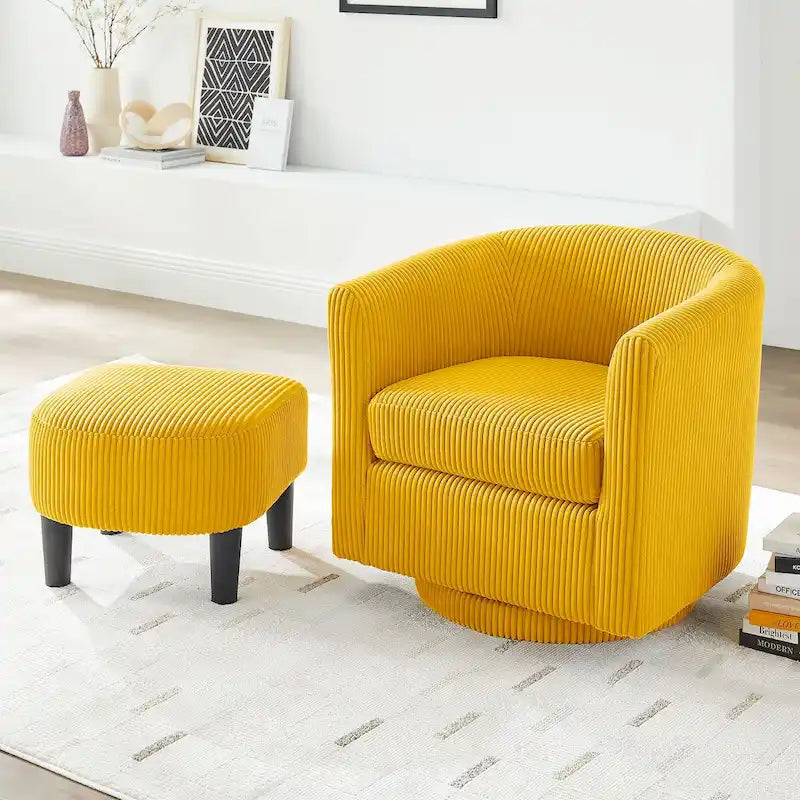 Fauteuil d'appoint pivotant en velours côtelé avec ottoman, une place – Jaune / Blanc / Vert / Noir / Gris