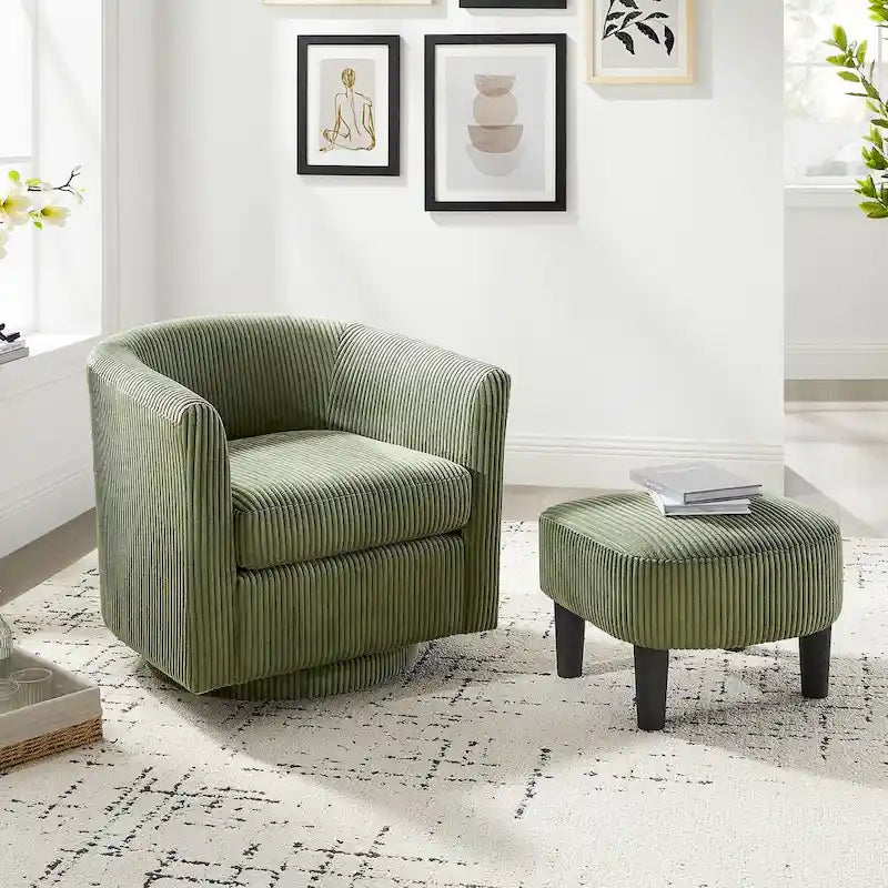 Fauteuil d'appoint pivotant en velours côtelé avec ottoman, une place – Jaune / Blanc / Vert / Noir / Gris