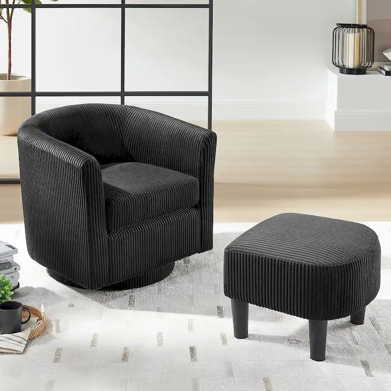 Fauteuil d'appoint pivotant en velours côtelé avec ottoman, une place – Jaune / Blanc / Vert / Noir / Gris