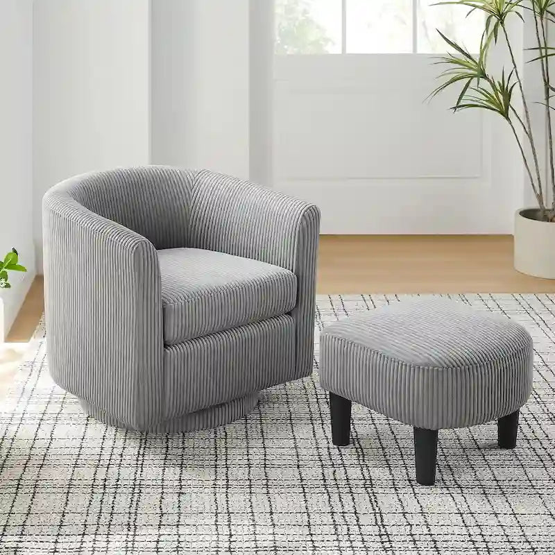 Fauteuil d'appoint pivotant en velours côtelé avec ottoman, une place – Jaune / Blanc / Vert / Noir / Gris