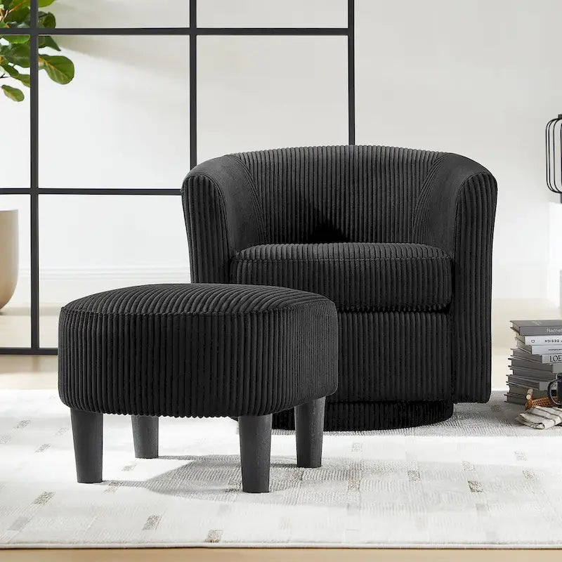 Fauteuil d'appoint pivotant en velours côtelé avec ottoman, une place – Jaune / Blanc / Vert / Noir / Gris