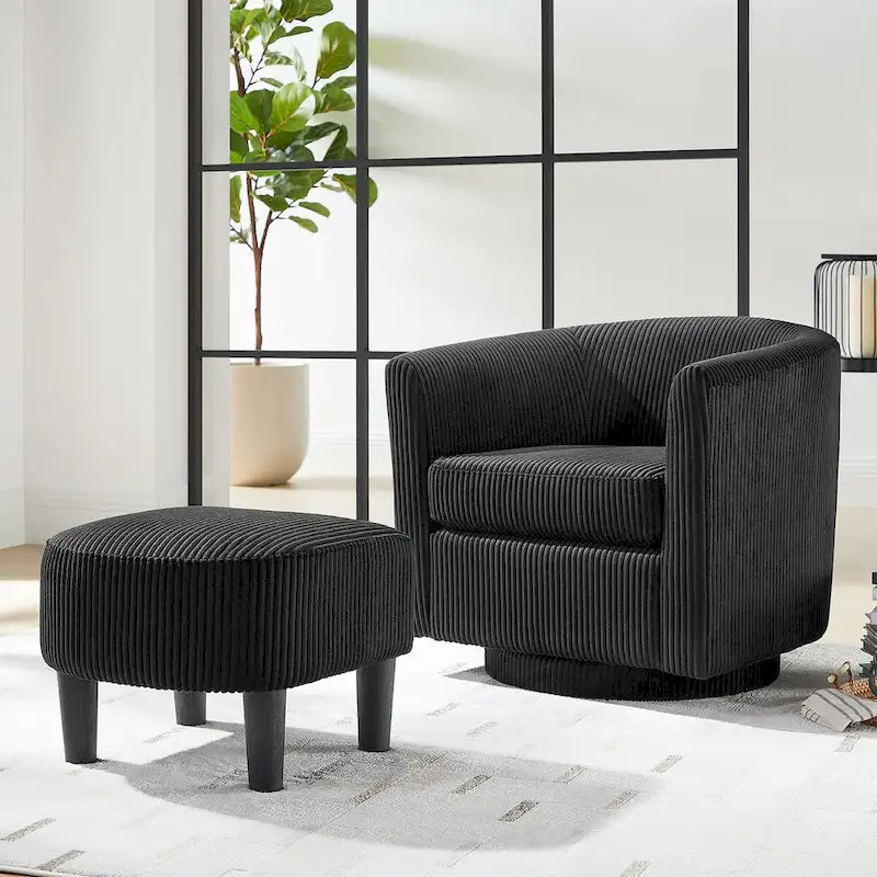 Fauteuil d'appoint pivotant en velours côtelé avec ottoman, une place – Jaune / Blanc / Vert / Noir / Gris