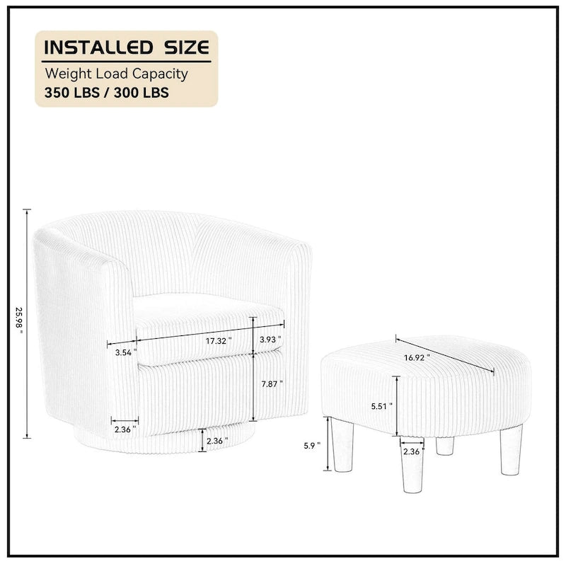 Fauteuil d'appoint pivotant en velours côtelé avec ottoman, une place – Jaune / Blanc / Vert / Noir / Gris
