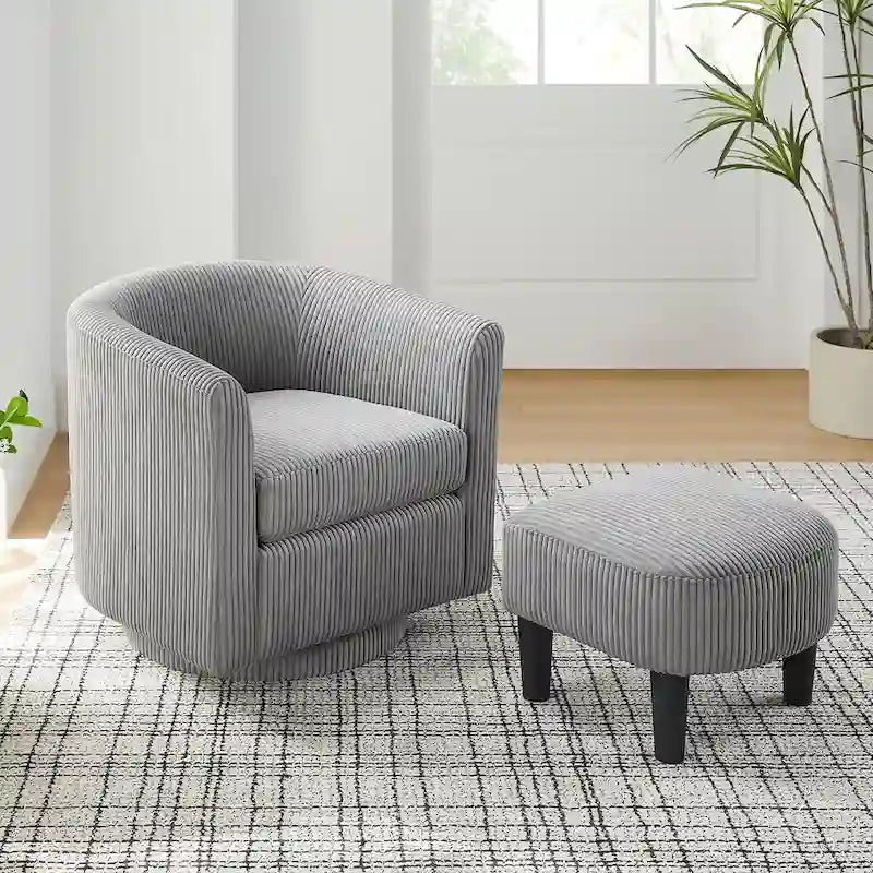 Fauteuil d'appoint pivotant en velours côtelé avec ottoman, une place – Jaune / Blanc / Vert / Noir / Gris