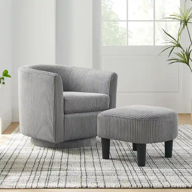 Fauteuil d'appoint pivotant en velours côtelé avec ottoman, une place – Jaune / Blanc / Vert / Noir / Gris