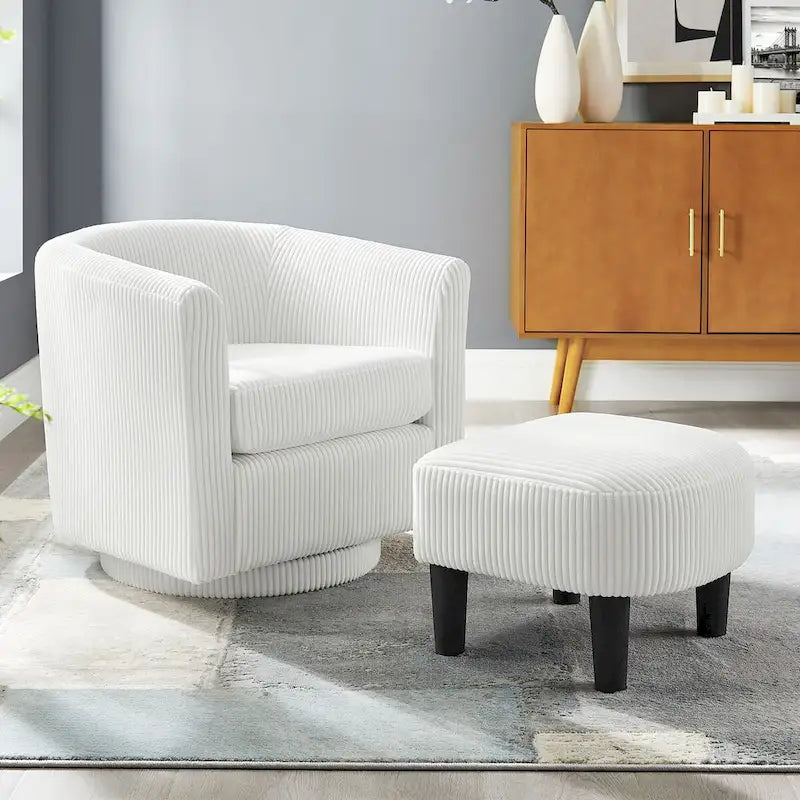 Fauteuil d'appoint pivotant en velours côtelé avec ottoman, une place – Jaune / Blanc / Vert / Noir / Gris