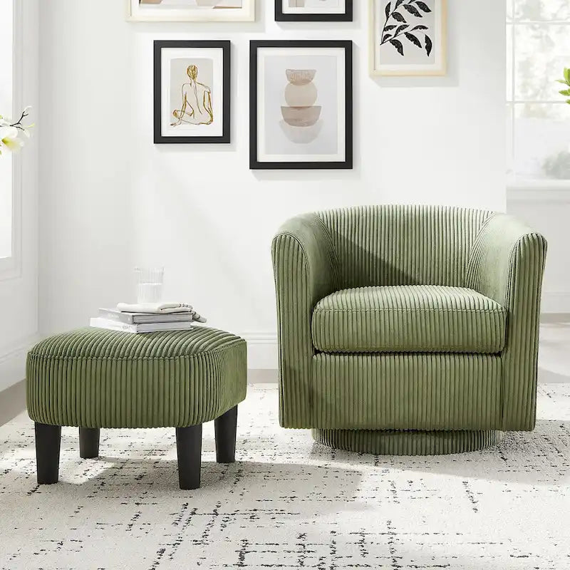 Fauteuil d'appoint pivotant en velours côtelé avec ottoman, une place – Jaune / Blanc / Vert / Noir / Gris