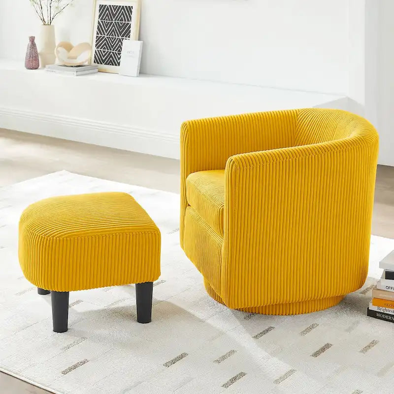 Fauteuil d'appoint pivotant en velours côtelé avec ottoman, une place – Jaune / Blanc / Vert / Noir / Gris