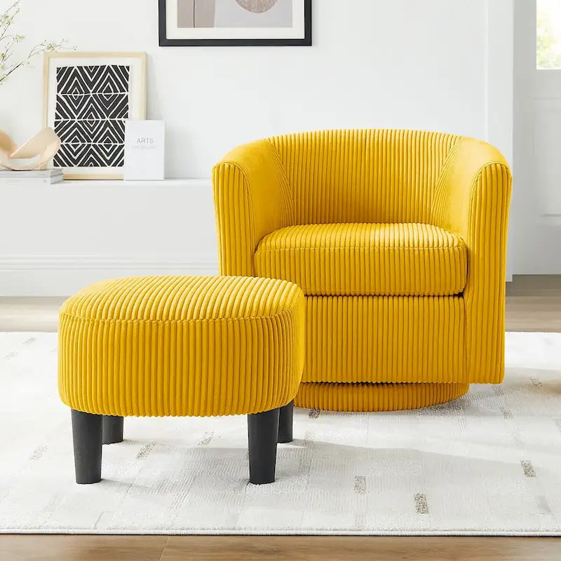 Fauteuil d'appoint pivotant en velours côtelé avec ottoman, une place – Jaune / Blanc / Vert / Noir / Gris