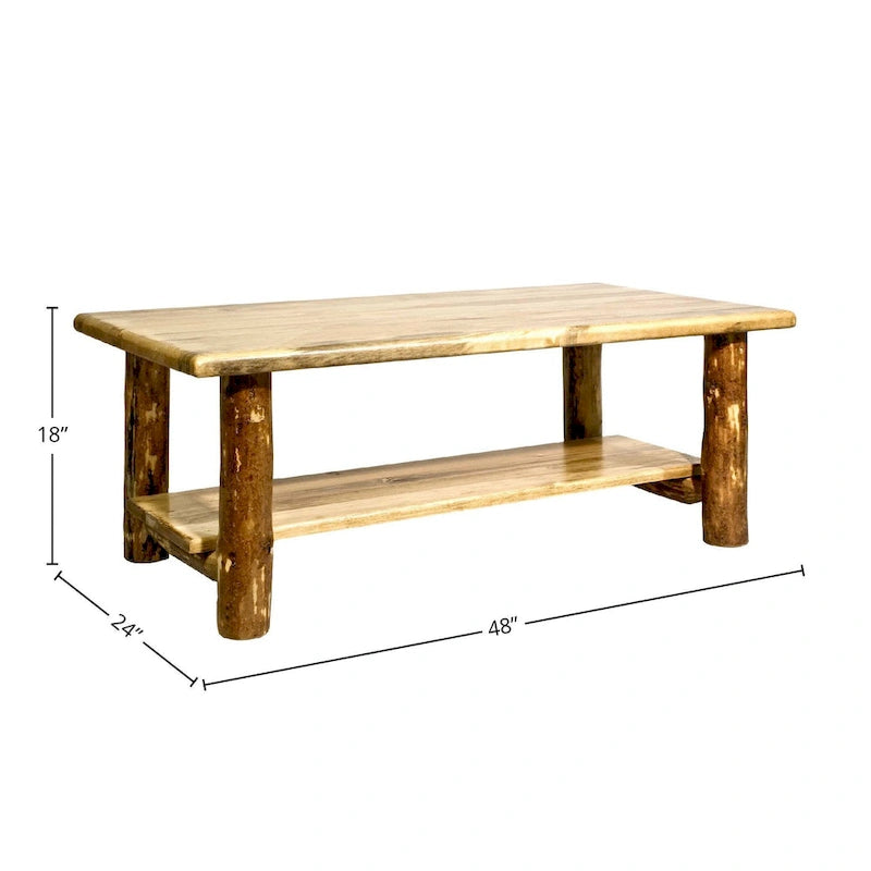 Table basse en pin rustique marron avec étagère inférieure