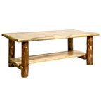 Table basse en pin rustique marron avec étagère inférieure