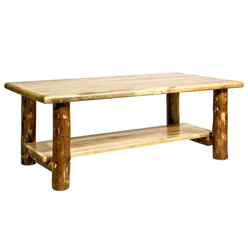Table basse en pin rustique marron avec étagère inférieure