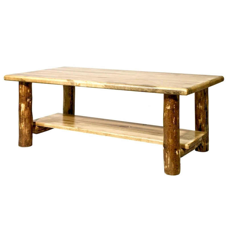 Table basse en pin rustique marron avec étagère inférieure