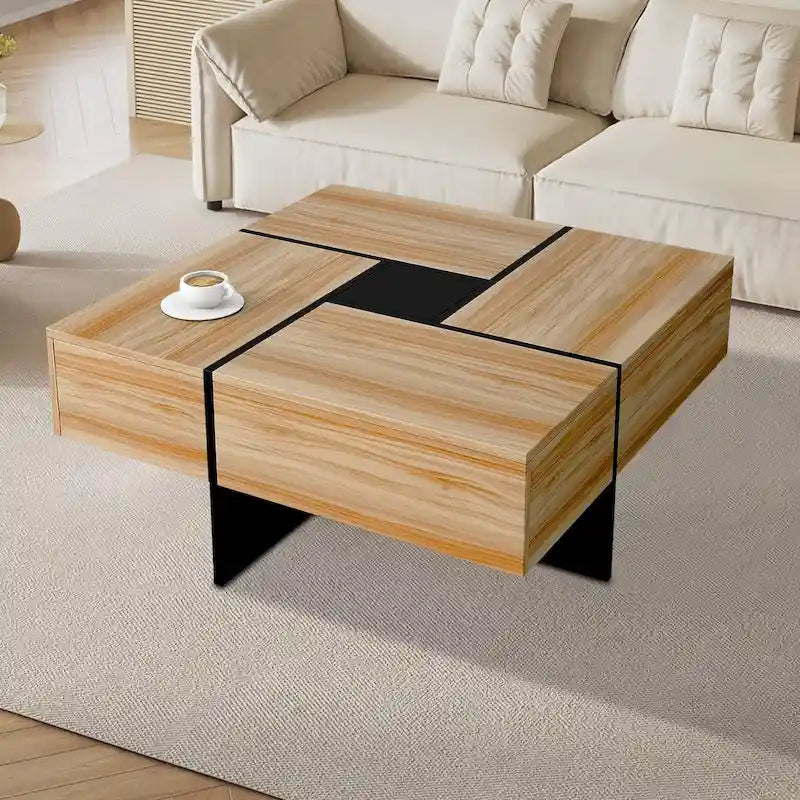 Table basse carrée blanche/marron/noire avec plateau coulissant et rangement dissimulé, 1 à 4 places