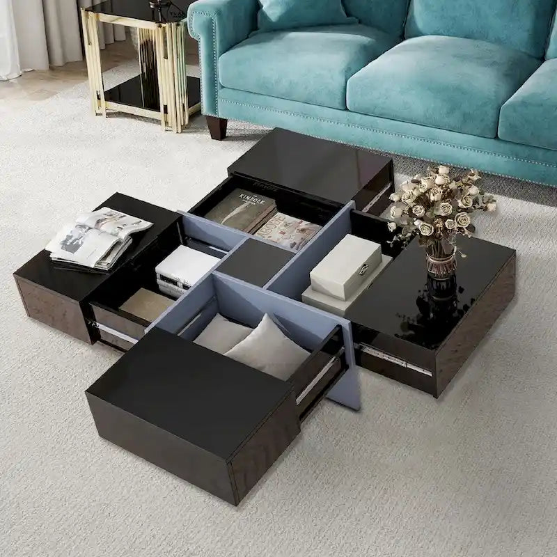 Table basse carrée blanche/marron/noire avec plateau coulissant et rangement dissimulé, 1 à 4 places