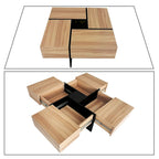 Table basse carrée blanche/marron/noire avec plateau coulissant et rangement dissimulé, 1 à 4 places