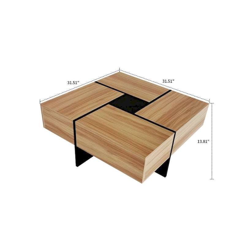 Table basse carrée blanche/marron/noire avec plateau coulissant et rangement dissimulé, 1 à 4 places