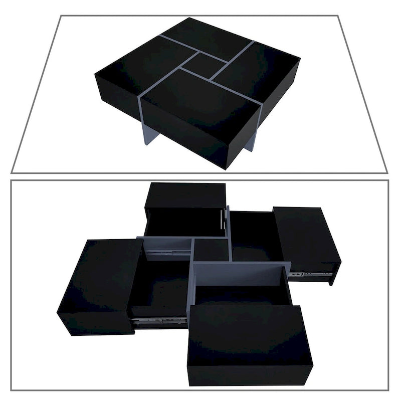 Table basse carrée blanche/marron/noire avec plateau coulissant et rangement dissimulé, 1 à 4 places
