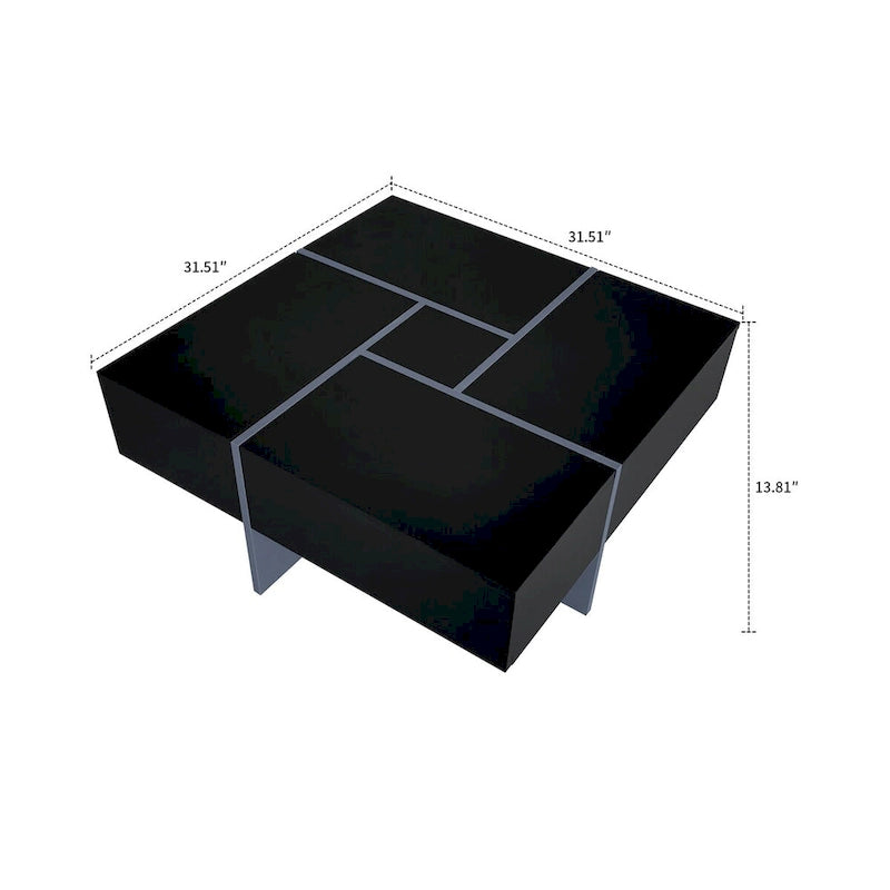 Table basse carrée blanche/marron/noire avec plateau coulissant et rangement dissimulé, 1 à 4 places