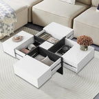 Table basse carrée blanche/marron/noire avec plateau coulissant et rangement dissimulé, 1 à 4 places