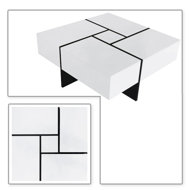 Table basse carrée blanche/marron/noire avec plateau coulissant et rangement dissimulé, 1 à 4 places