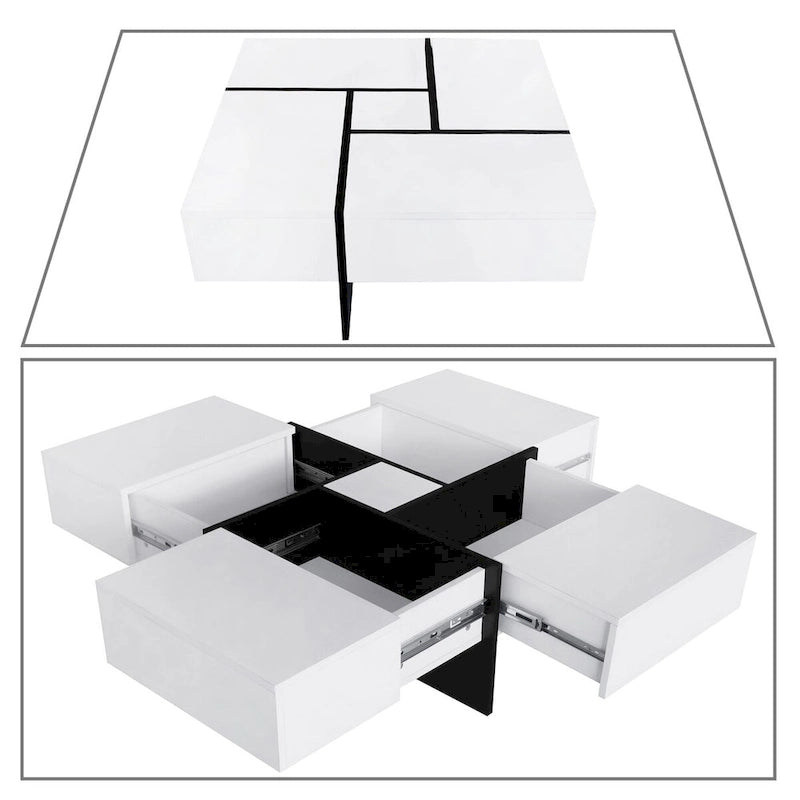 Table basse carrée blanche/marron/noire avec plateau coulissant et rangement dissimulé, 1 à 4 places