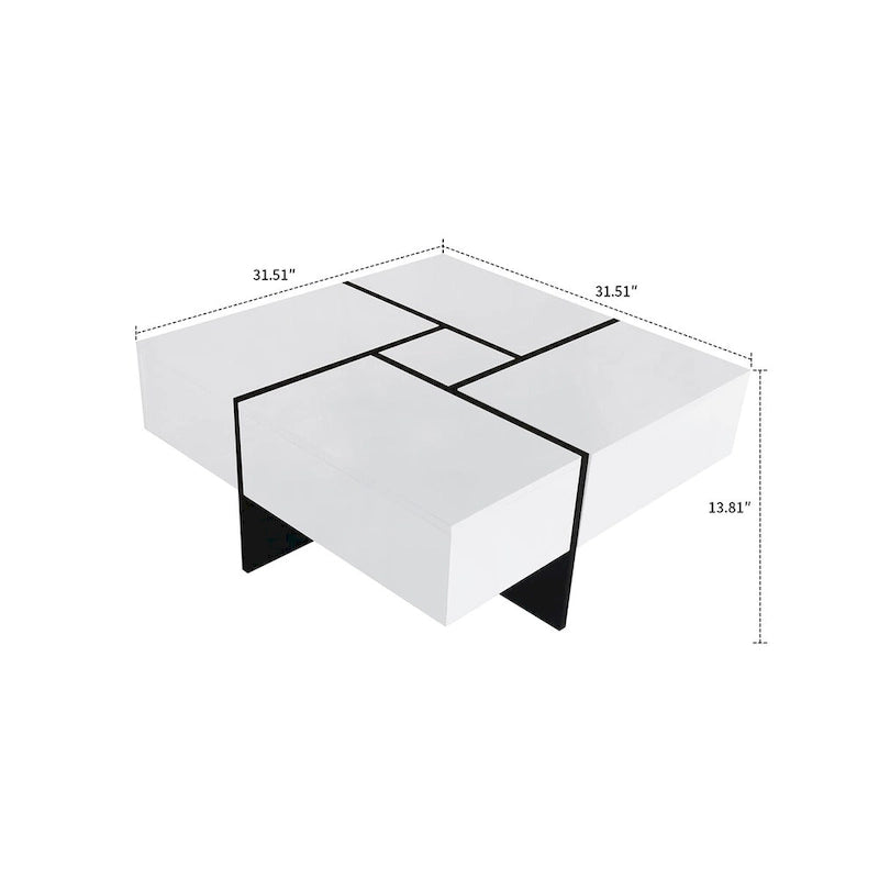 Table basse carrée blanche/marron/noire avec plateau coulissant et rangement dissimulé, 1 à 4 places