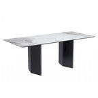 Table à manger rectangulaire en pierre blanche or / verre noir / pierre gris moyen, plateau en pierre frittée ou en verre, 4 à 6 places