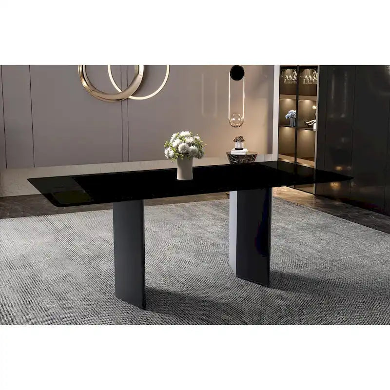 Table à manger rectangulaire en pierre blanche or / verre noir / pierre gris moyen, plateau en pierre frittée ou en verre, 4 à 6 places