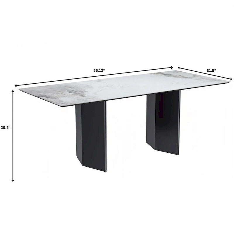 Table à manger rectangulaire en pierre blanche or / verre noir / pierre gris moyen, plateau en pierre frittée ou en verre, 4 à 6 places