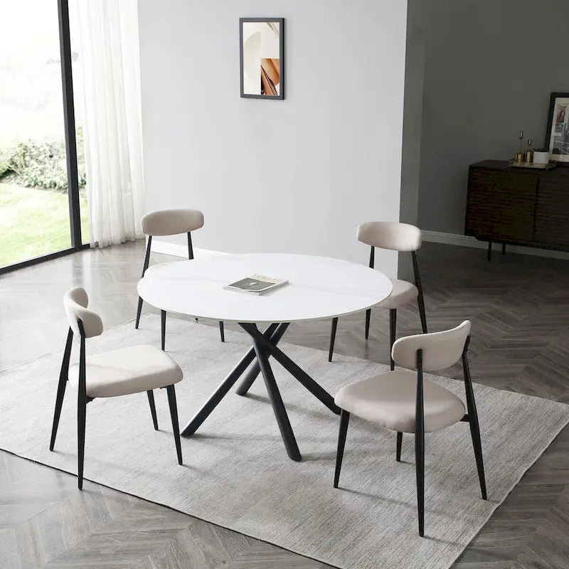 Table à manger ronde en pierre frittée blanche avec pieds croisés en métal, pour 2 à 4 personnes