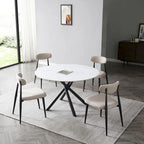 Table à manger ronde en pierre frittée blanche avec pieds croisés en métal, pour 2 à 4 personnes