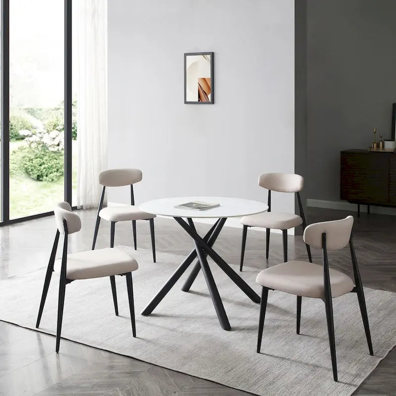 Table à manger ronde en pierre frittée blanche avec pieds croisés en métal, pour 2 à 4 personnes
