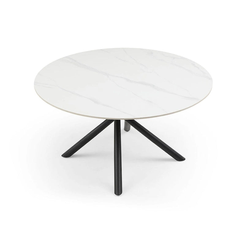 Table à manger ronde en pierre frittée blanche avec pieds croisés en métal, pour 2 à 4 personnes