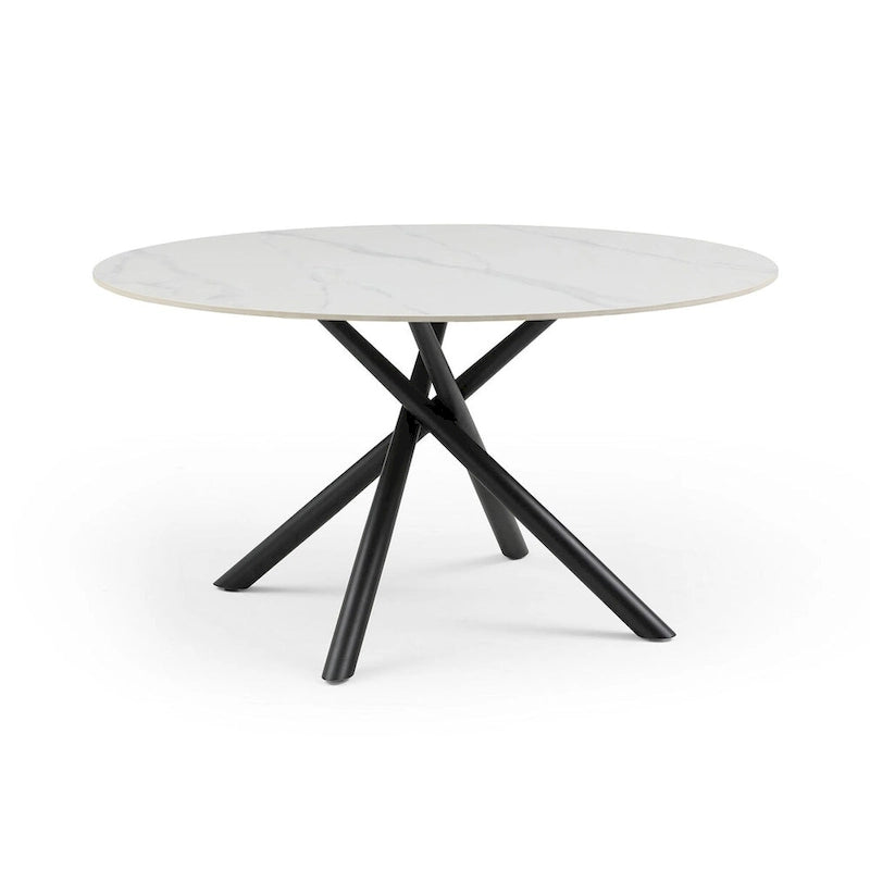 Table à manger ronde en pierre frittée blanche avec pieds croisés en métal, pour 2 à 4 personnes