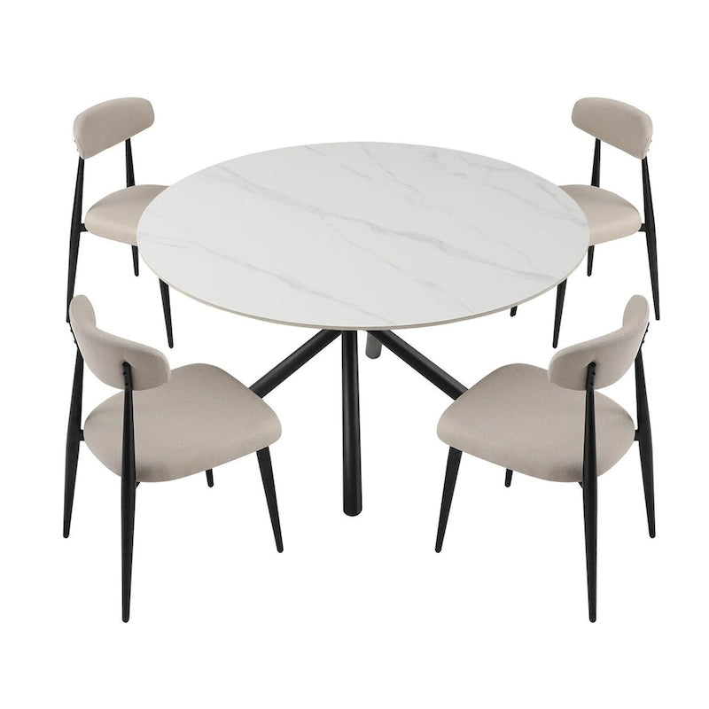 Table à manger ronde en pierre frittée blanche avec pieds croisés en métal, pour 2 à 4 personnes