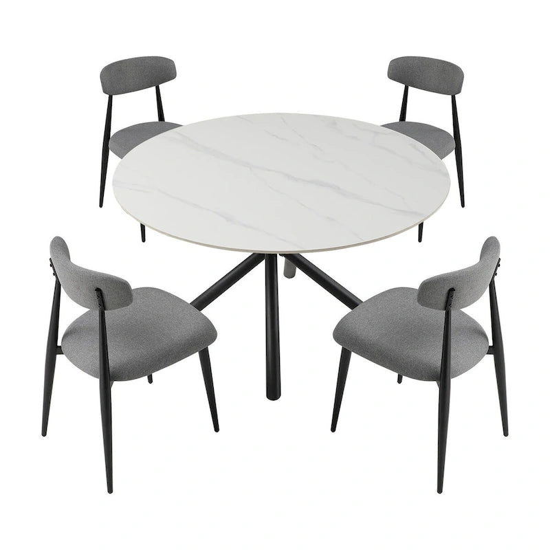 Table à manger ronde en pierre frittée blanche avec pieds croisés en métal, pour 2 à 4 personnes