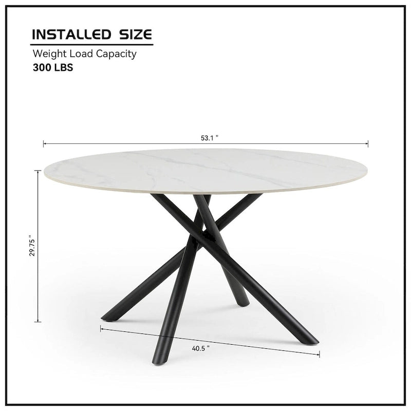 Table à manger ronde en pierre frittée blanche avec pieds croisés en métal, pour 2 à 4 personnes