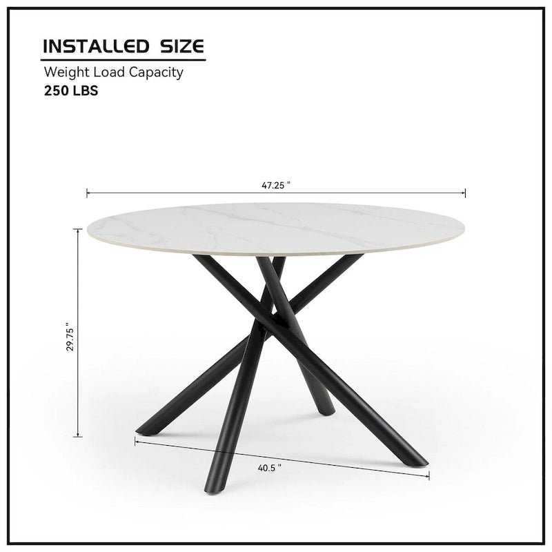 Table à manger ronde en pierre frittée blanche avec pieds croisés en métal, pour 2 à 4 personnes