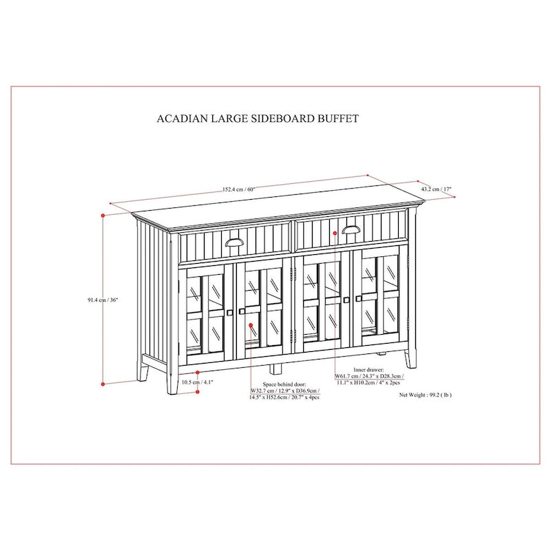 WYNDENHALL Normandy Buffet Grand bahut rectangulaire de style transitionnel en bois massif de 60 pouces de large, couleur brun brunette