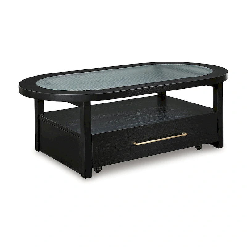 Table basse rectangulaire noire avec plateau en verre et rangement, pour 4 personnes – 132 cm (L) × 71 cm (P) × 46 cm (H)