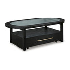 Table basse rectangulaire noire avec plateau en verre et rangement, pour 4 personnes – 132 cm (L) × 71 cm (P) × 46 cm (H)