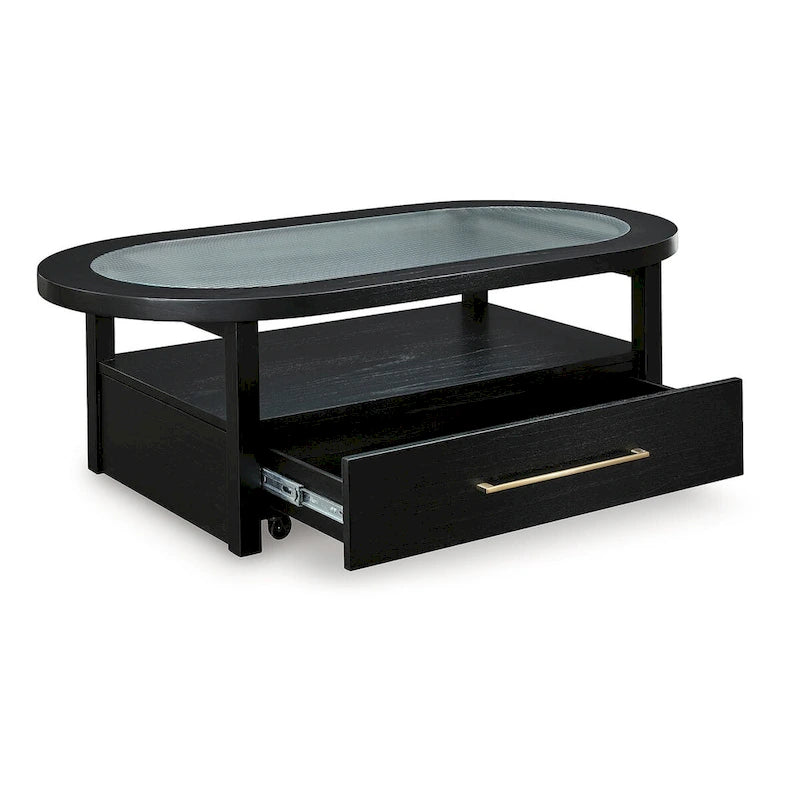 Table basse rectangulaire noire avec plateau en verre et rangement, pour 4 personnes – 132 cm (L) × 71 cm (P) × 46 cm (H)