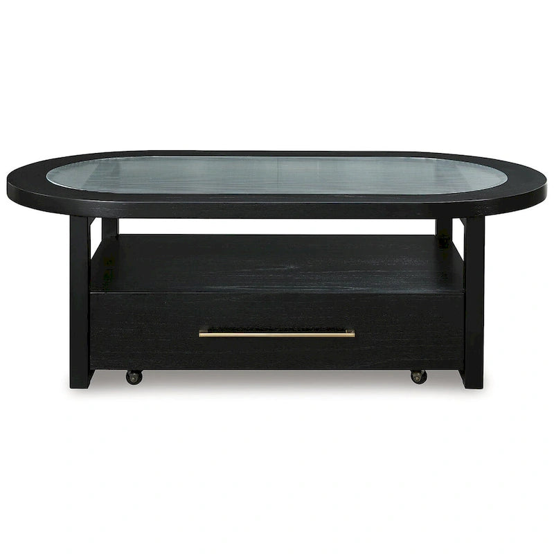 Table basse rectangulaire noire avec plateau en verre et rangement, pour 4 personnes – 132 cm (L) × 71 cm (P) × 46 cm (H)