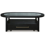 Table basse rectangulaire noire avec plateau en verre et rangement, pour 4 personnes – 132 cm (L) × 71 cm (P) × 46 cm (H)