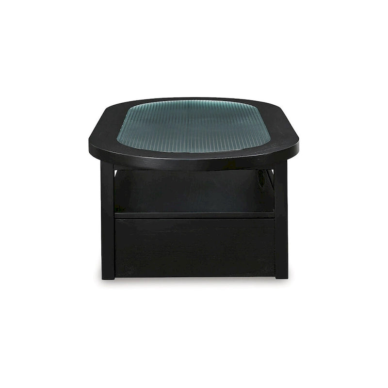 Table basse rectangulaire noire avec plateau en verre et rangement, pour 4 personnes – 132 cm (L) × 71 cm (P) × 46 cm (H)