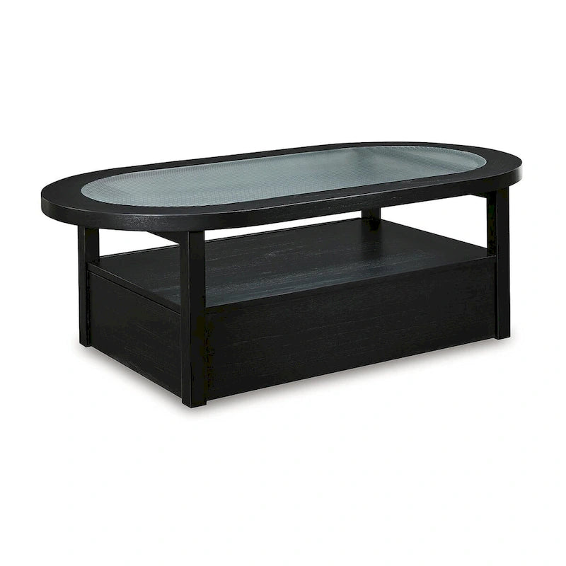 Table basse rectangulaire noire avec plateau en verre et rangement, pour 4 personnes – 132 cm (L) × 71 cm (P) × 46 cm (H)