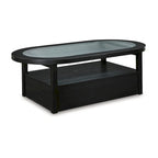 Table basse rectangulaire noire avec plateau en verre et rangement, pour 4 personnes – 132 cm (L) × 71 cm (P) × 46 cm (H)