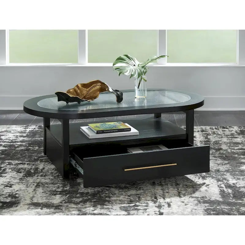 Table basse rectangulaire noire avec plateau en verre et rangement, pour 4 personnes – 132 cm (L) × 71 cm (P) × 46 cm (H)